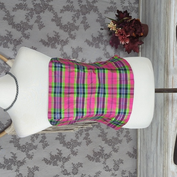 J McLaughlin pink and green plaid silk corset bodice tube top - Picture 1 of 8